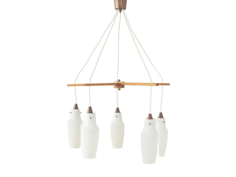 Pendant light, matte white glass, brown teak, Germany, 1960s.