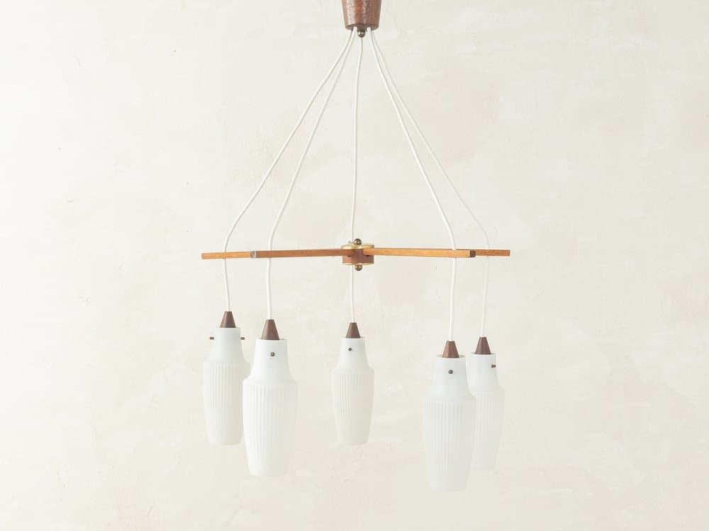 Pendant light, matte white glass, brown teak, Germany, 1960s. - 286046