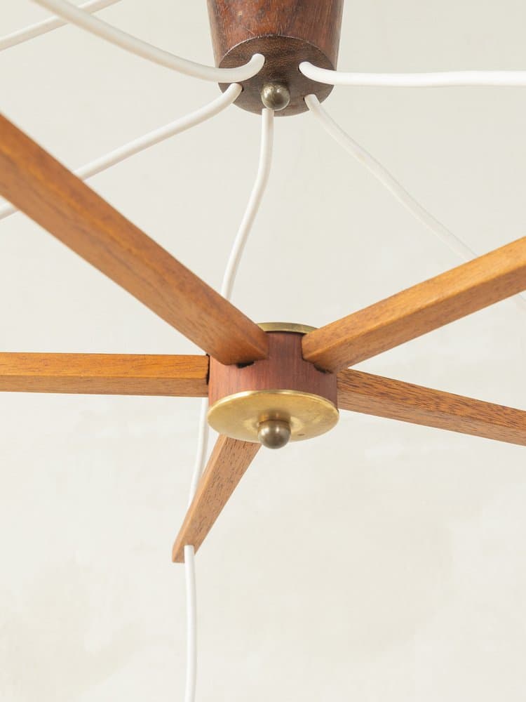 Pendant light, matte white glass, brown teak, Germany, 1960s. - 286043