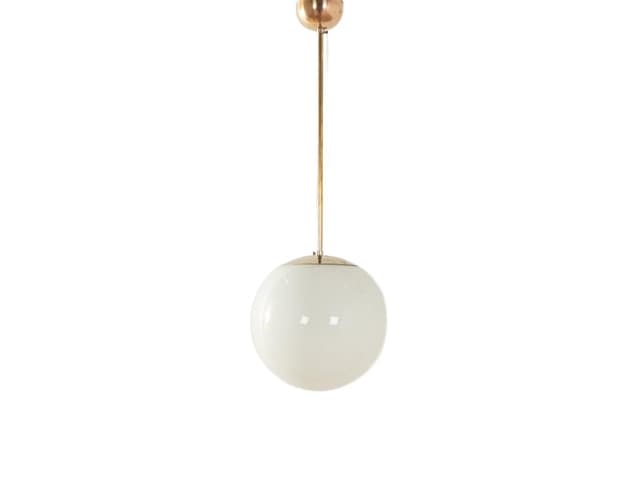 Pendant Lamp Ball, white opal glass, gold brass, Germany, 1950s. - DIMENSION