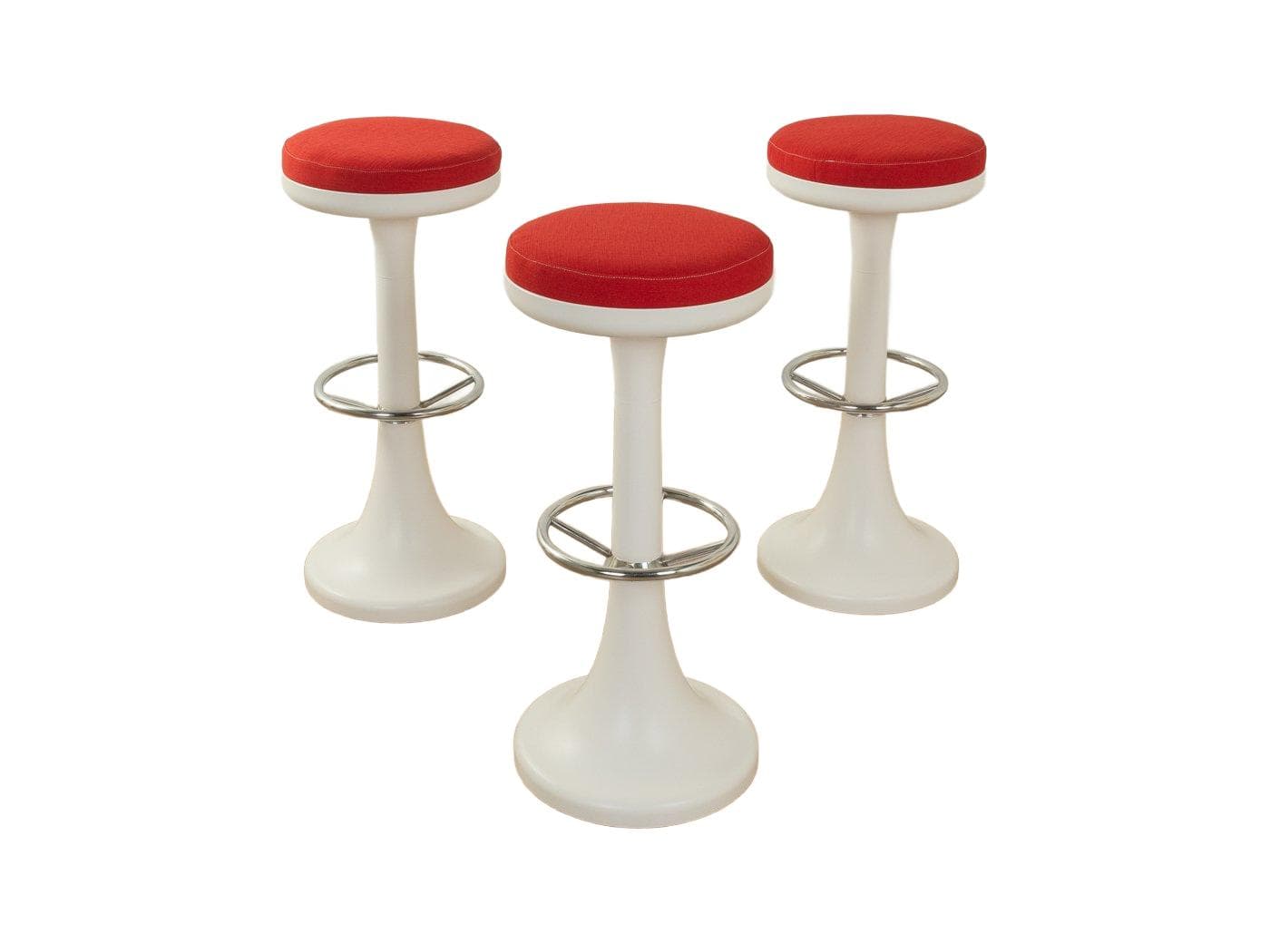 Zestaw trzech stołków barowych, czerwony velvet, plastik biały, stal nierdzewna chromowana, Niemcy, lata 70.