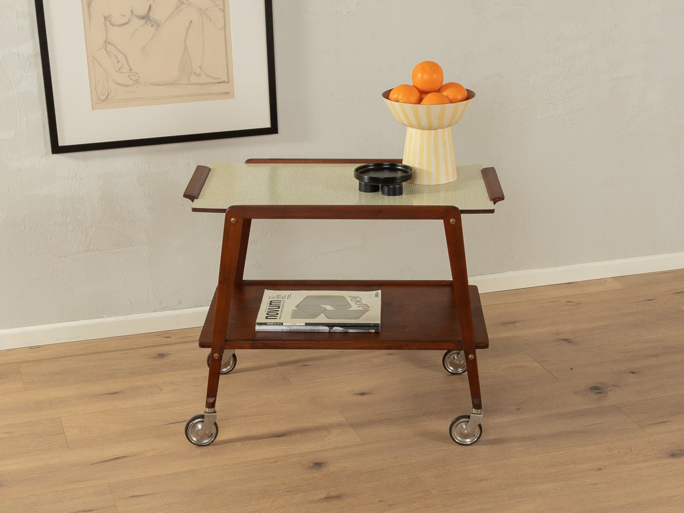 Serving trolley, brown walnut, brass, Germany, 1950s. - 285585