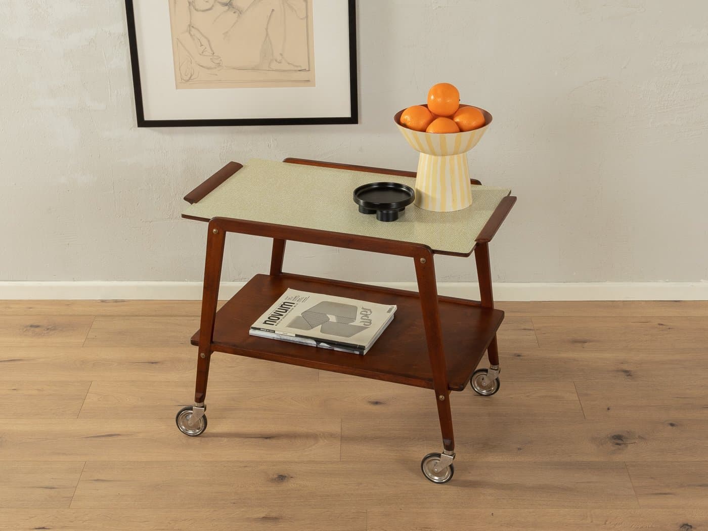 Serving trolley, brown walnut, brass, Germany, 1950s. - 285586