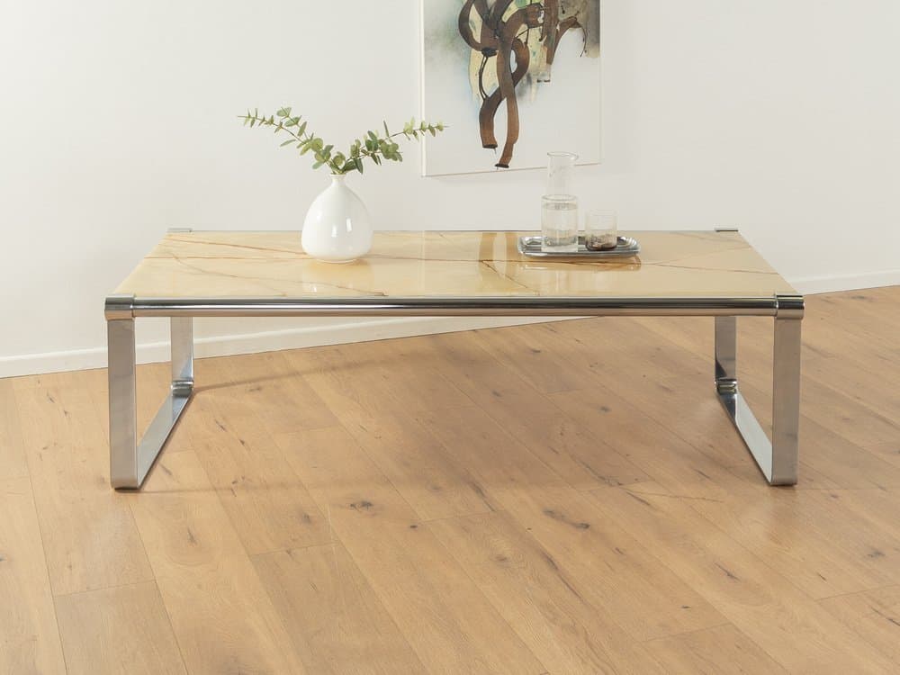 Stolik kawowy Onyx, marmur beżowy, stal nierdzewna srebrna, Niemcy, lata 70. - 285400