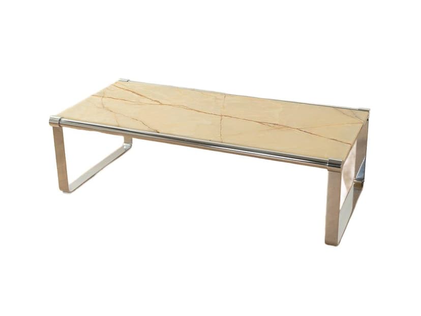Stolik kawowy Onyx, marmur beżowy, stal nierdzewna srebrna, Niemcy, lata 70.