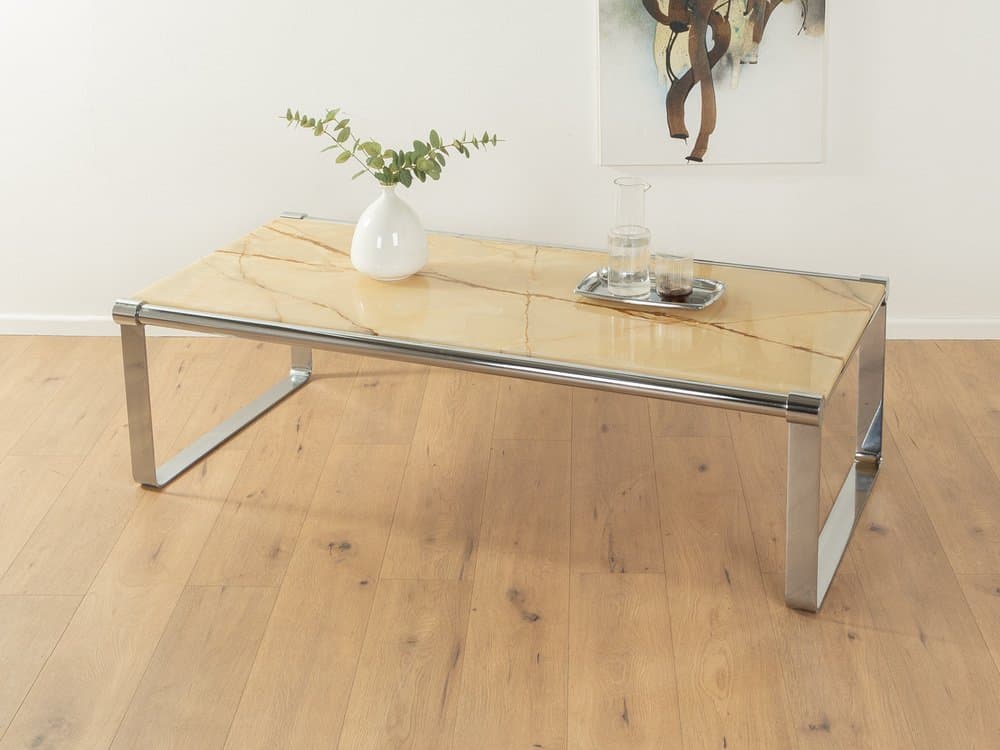 Stolik kawowy Onyx, marmur beżowy, stal nierdzewna srebrna, Niemcy, lata 70. - 285401