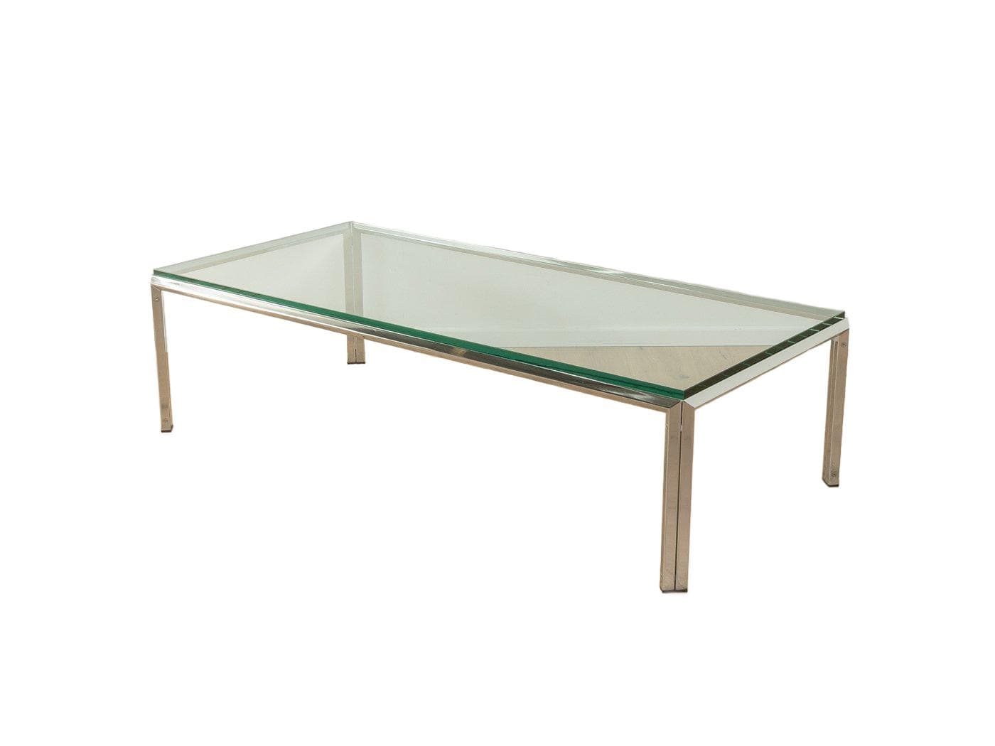 Coffee table, transparent green glass, silver stainless steel, Germany, 1960s.