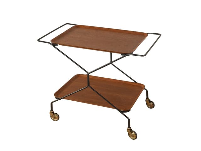 Barek na kółkach, teak brązowy, metal czarny, mosiądz, Niemcy, lata 60. - WYMIARY