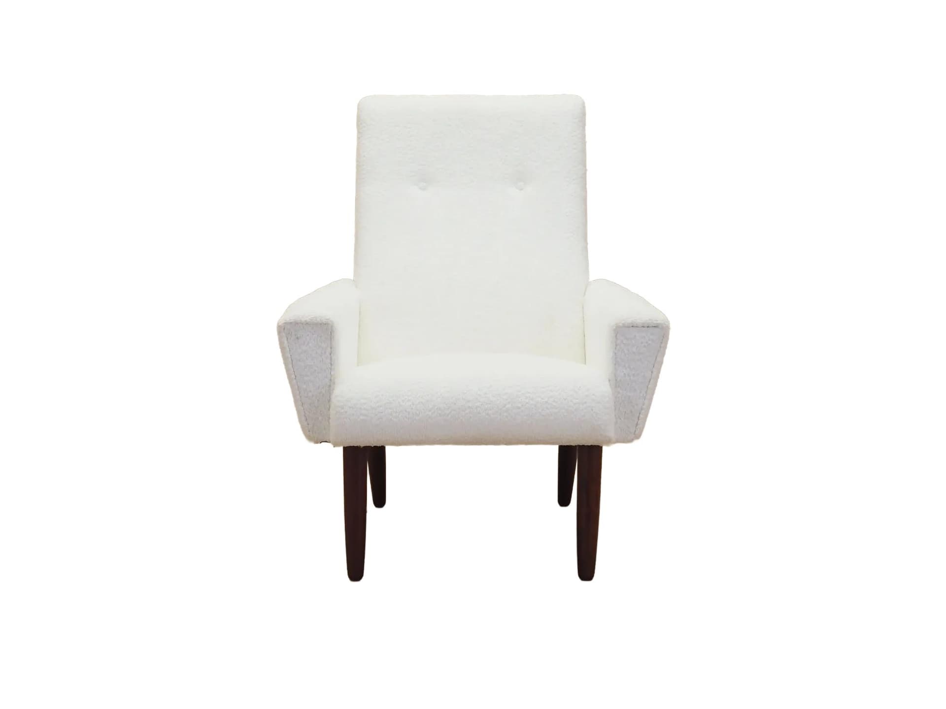 Fotel, biały, tkanina, drewno tek, Dania, lata 70.