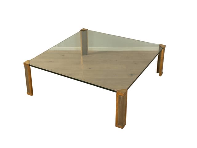 Stolik kawowy, szkło transparentne, mosiądz, proj. P. Ghyczy, Holandia, lata 70. - WYMIARY
