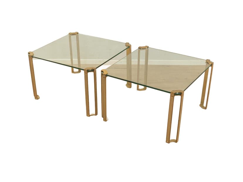 Zestaw dwóch stolików kawowych T 24, szkło transparentne, mosiądz, proj. P. Ghyczy, Holandia, lata 70.
