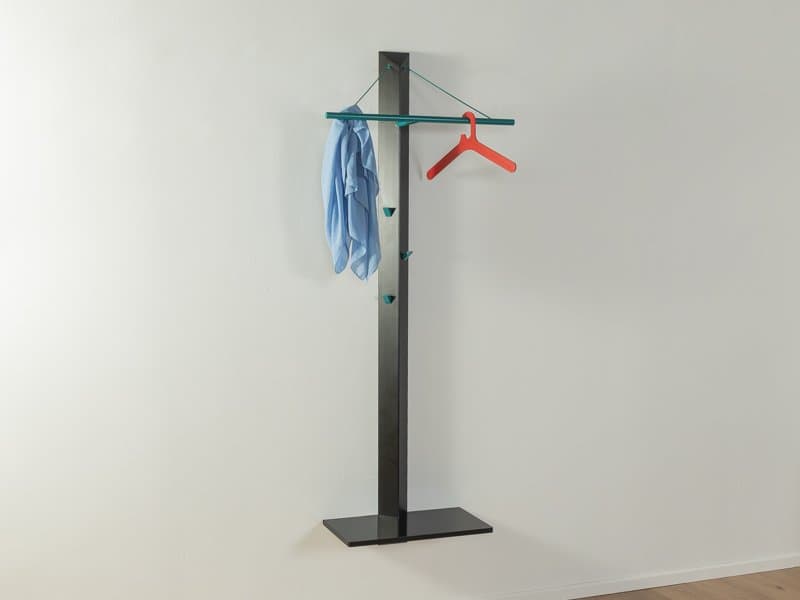 Wieszak stojący, czarny, drewno, metal petrol, plastik petrol, Niemcy, lata 80. - 284857