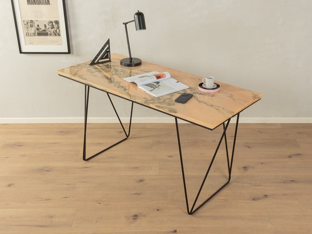 Desk, beige pink marble, black steel, Germany, 1960s. - 284743