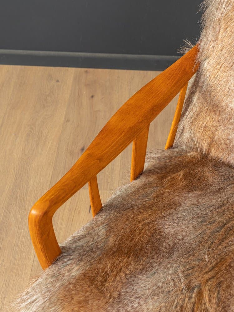 Fotel wypoczynkowy, buk brązowy, tkanina futrzana multikolor, Niemcy, lata 50. - 284532