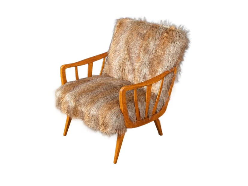 Fotel wypoczynkowy, buk brązowy, tkanina futrzana multikolor, Niemcy, lata 50.