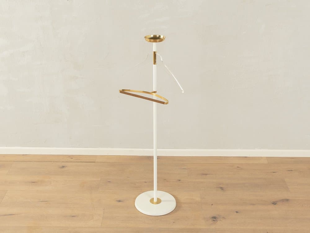 Stojący wieszak na ubrania Stummer Servant, metal biały, mosiądz, skóra, Niemcy, lata 50. - 284489