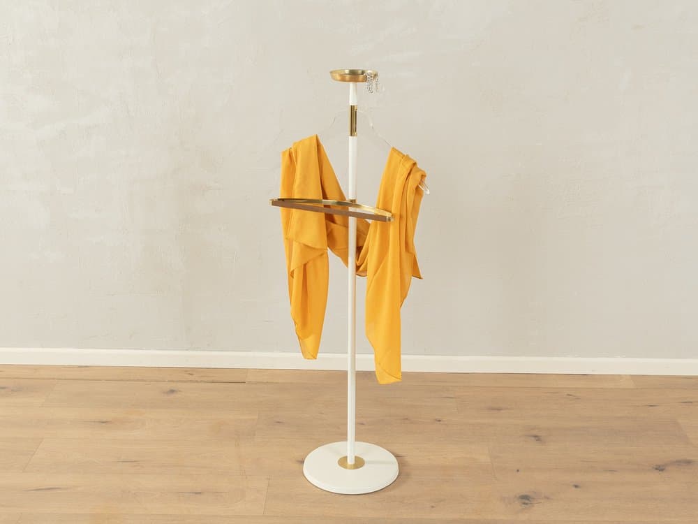 Stojący wieszak na ubrania Stummer Servant, metal biały, mosiądz, skóra, Niemcy, lata 50. - 284482