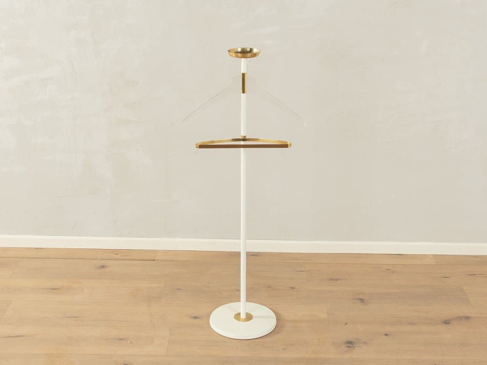 Stojący wieszak na ubrania Stummer Servant, metal biały, mosiądz, skóra, Niemcy, lata 50. - 284484