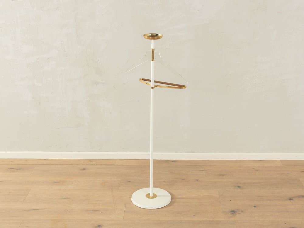 Stojący wieszak na ubrania Stummer Servant, metal biały, mosiądz, skóra, Niemcy, lata 50. - 284483