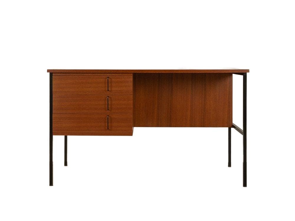 Desk, brown teak, black steel, by G. Renkel, Germany, 1960s.