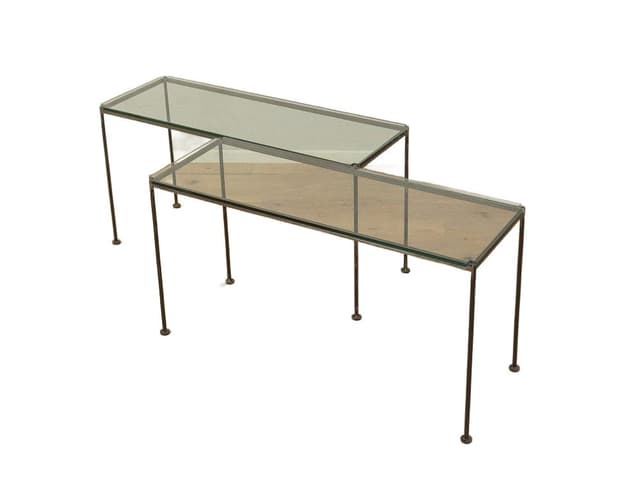 Zestaw dwóch stolików bocznych, szkło transparentne, metal czarny, Niemcy, lata 80. - WYMIARY