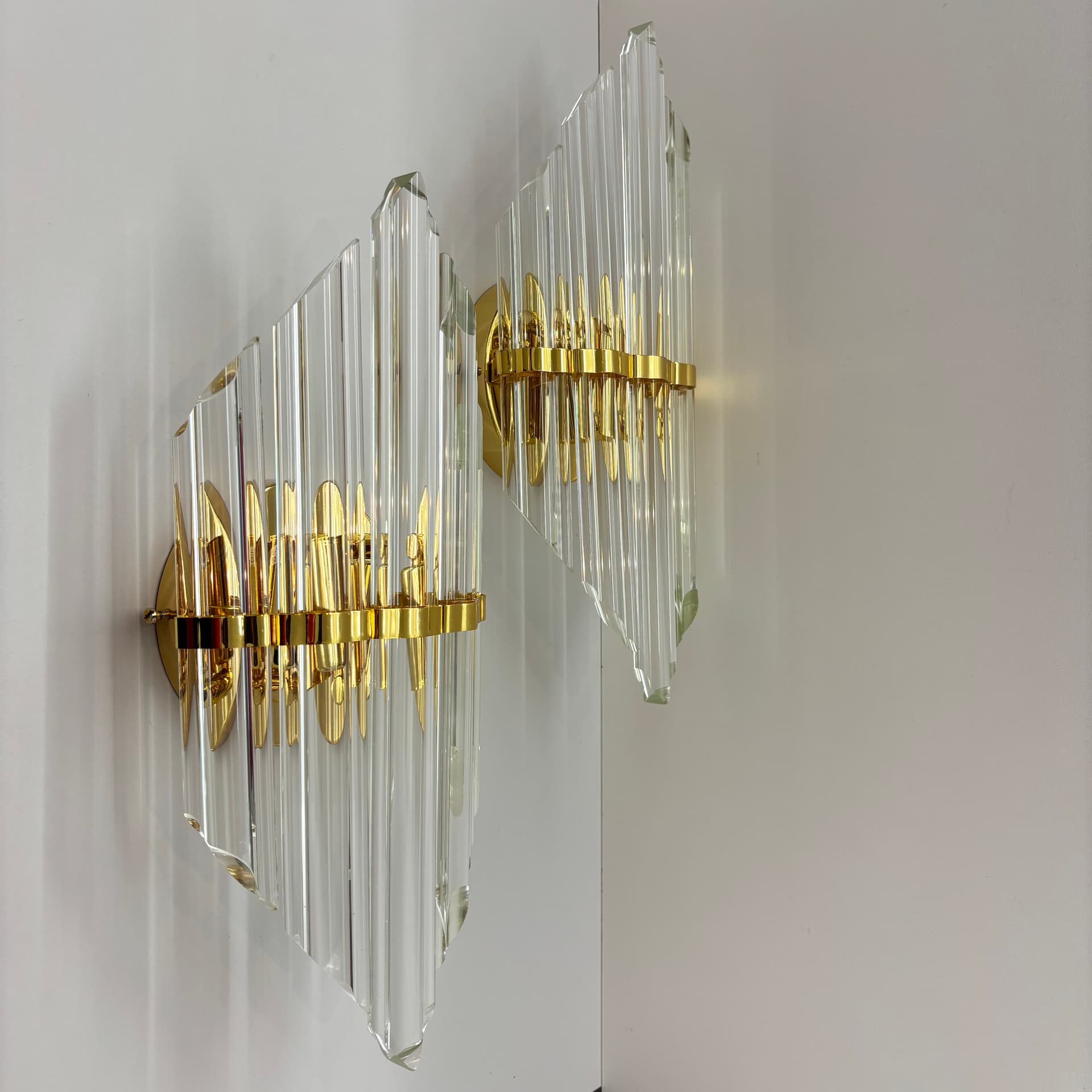 Para kinkietów, przezroczyste szkło, mosiądz złoty, Hiszpania, lata 90. - 287237