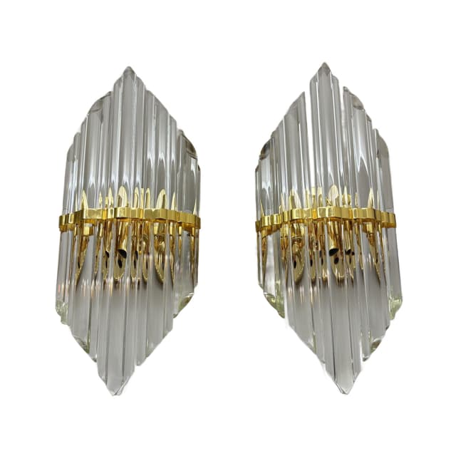 Para kinkietów, przezroczyste szkło, mosiądz złoty, Hiszpania, lata 90. - WYMIARY