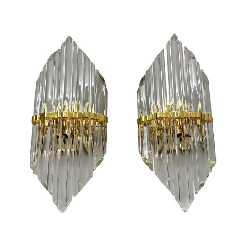 Para kinkietów, przezroczyste szkło, mosiądz złoty, Hiszpania, lata 90.