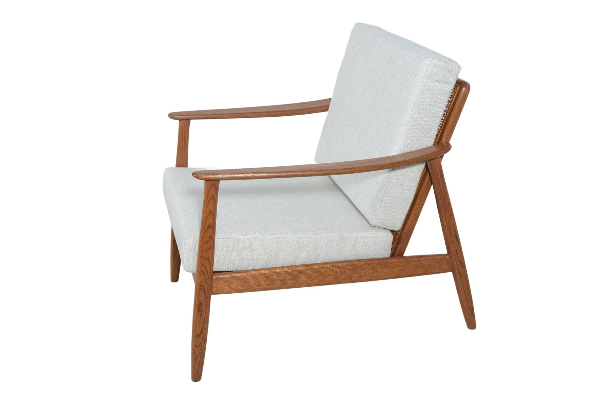 Fotel USA 247, bawełna beżowa, drewno mahoń, rattan, proj. F. Ohlsson, Dux, Szwecja, lata 60.