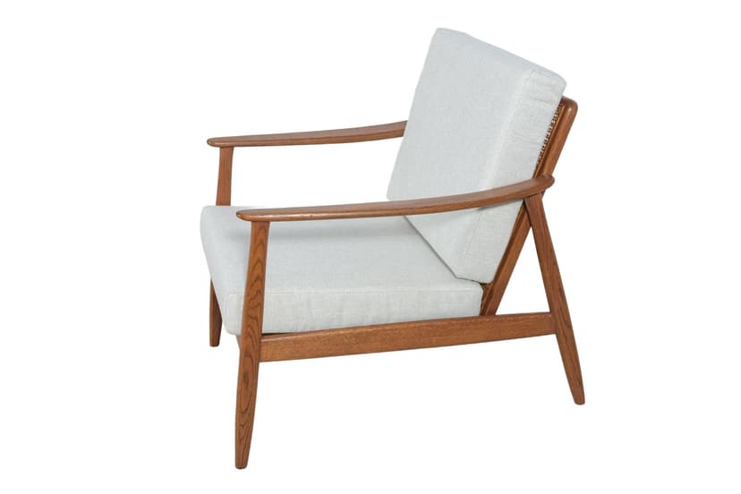 Fotel USA 247, bawełna beżowa, drewno mahoń, rattan, proj. F. Ohlsson, Dux, Szwecja, lata 60.