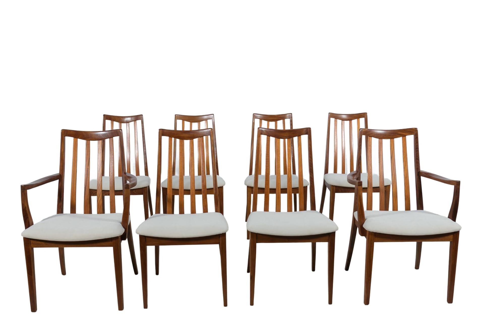 Komplet sześciu krzeseł i dwóch foteli, teak brązowy, jasnokremowa wełna, proj. L. Dandy, G-Plan, Wielka Brytania, lata 60.