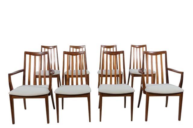 Komplet sześciu krzeseł i dwóch foteli, teak brązowy, jasnokremowa wełna, proj. L. Dandy, G-Plan, Wielka Brytania, lata 60. - WYMIARY