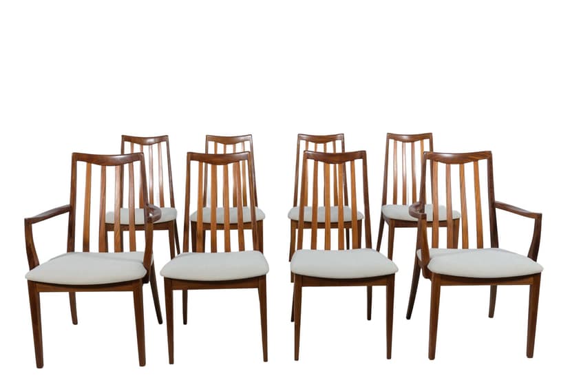 Komplet sześciu krzeseł i dwóch foteli, teak brązowy, jasnokremowa wełna, proj. L. Dandy, G-Plan, Wielka Brytania, lata 60.