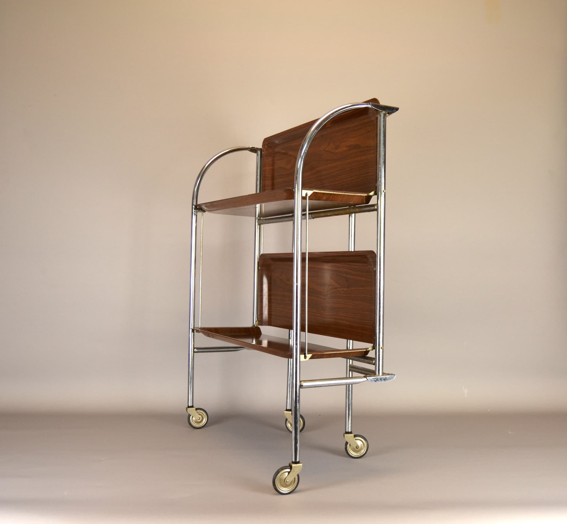 Bar Cart Space Age, brown wood, chrome steel, Germany, 1970s - 79247