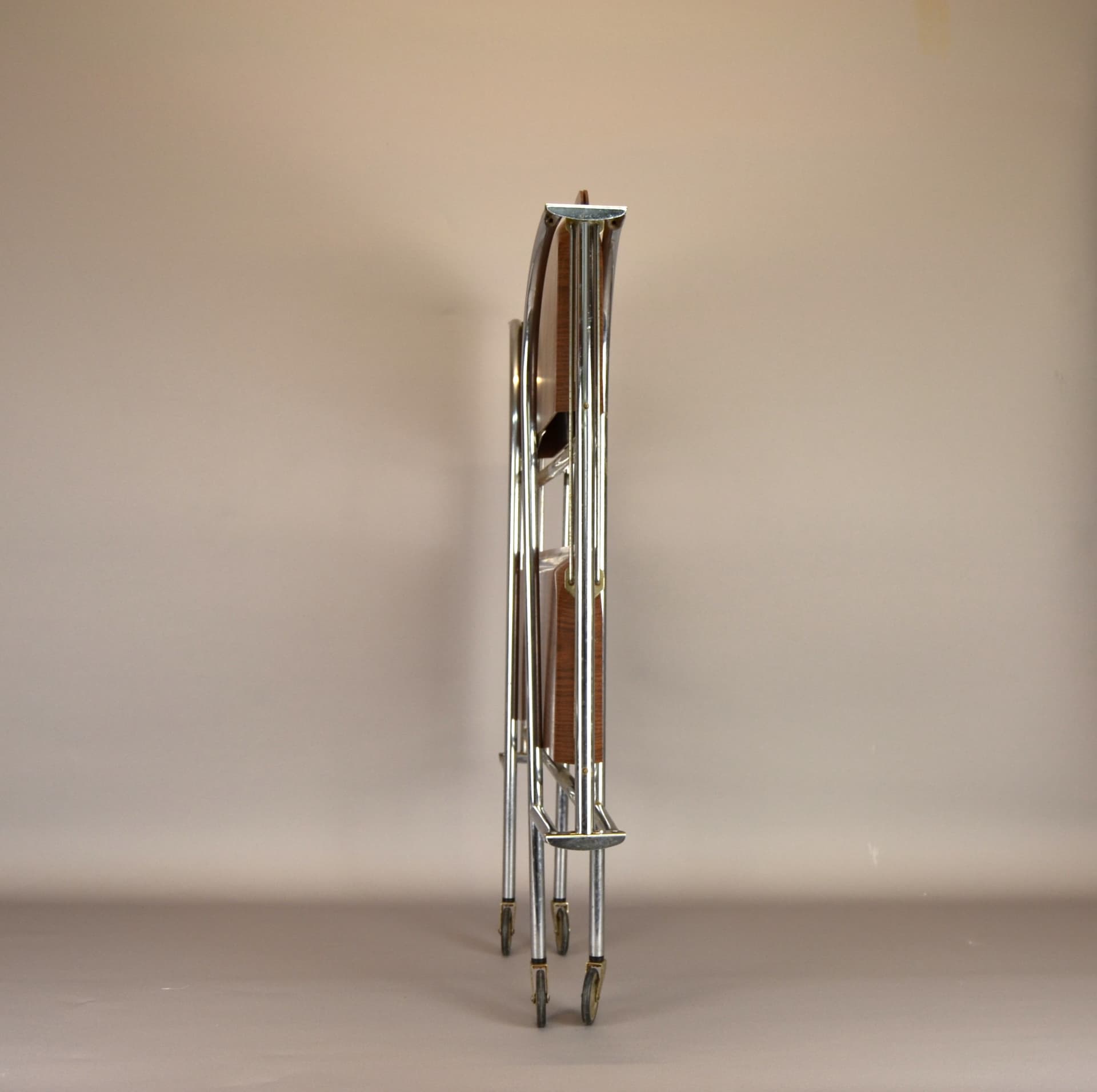 Bar Cart Space Age, brown wood, chrome steel, Germany, 1970s - 79243