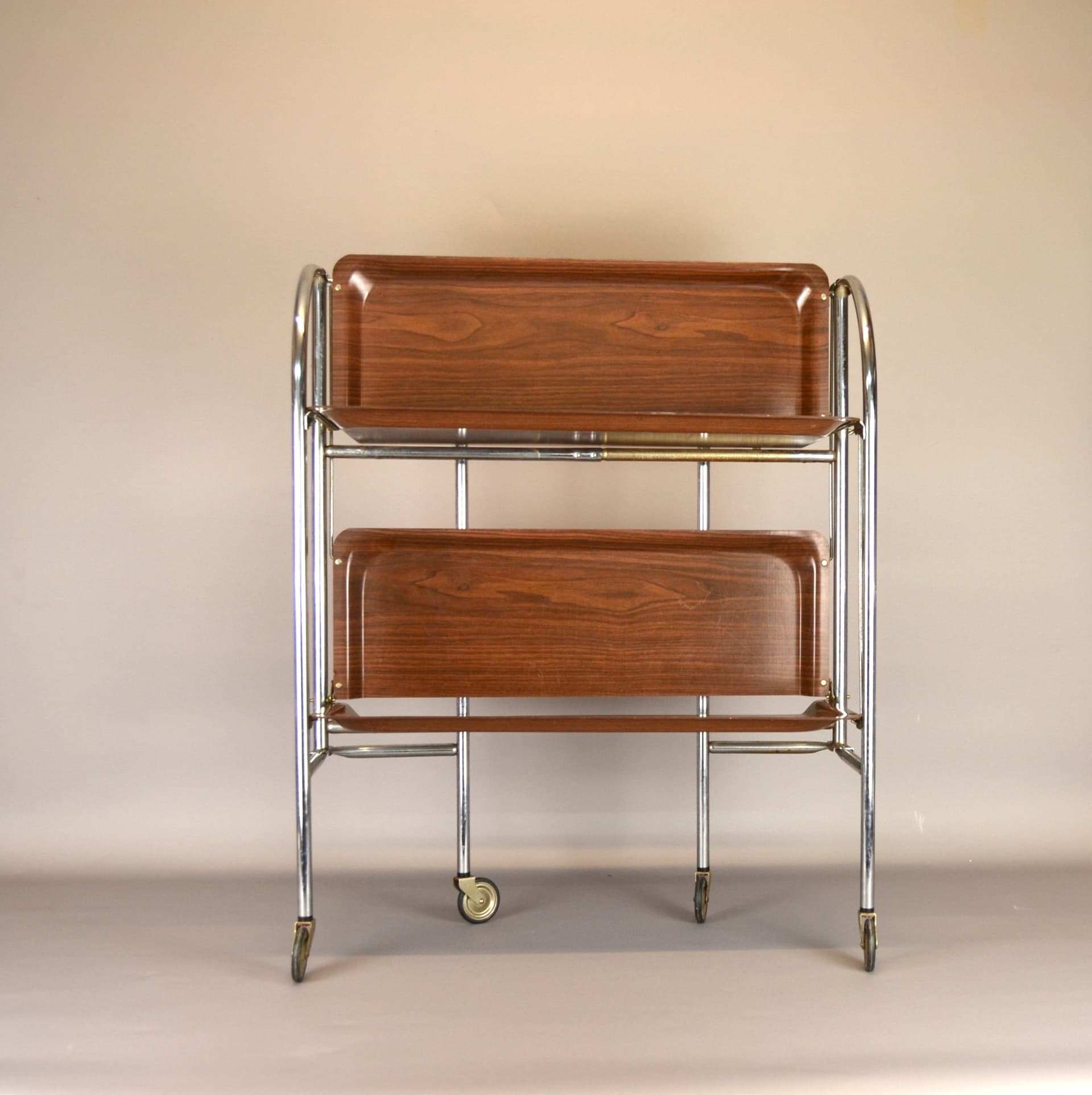 Bar Cart Space Age, brown wood, chrome steel, Germany, 1970s - 79248
