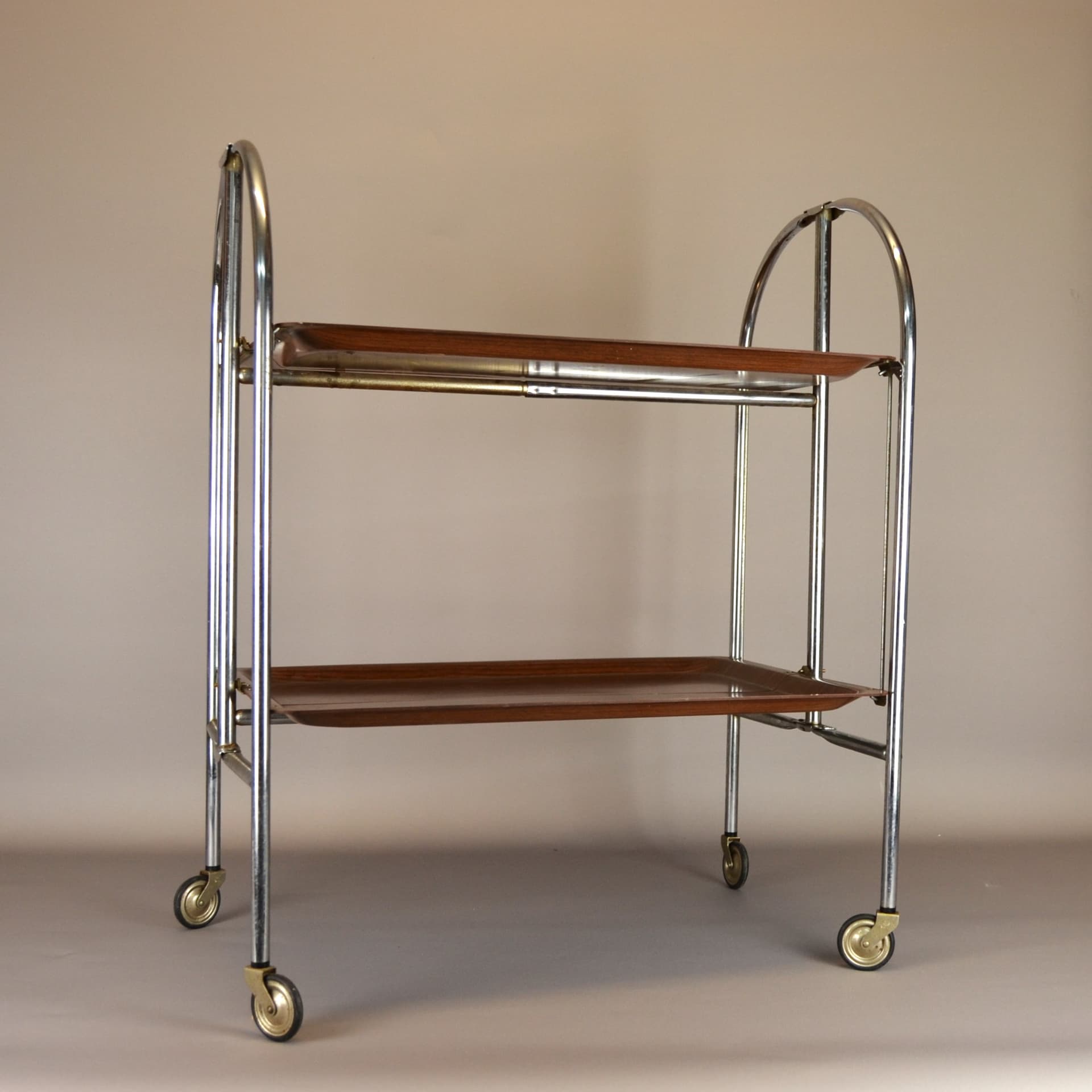 Bar Cart Space Age, brown wood, chrome steel, Germany, 1970s - 79245