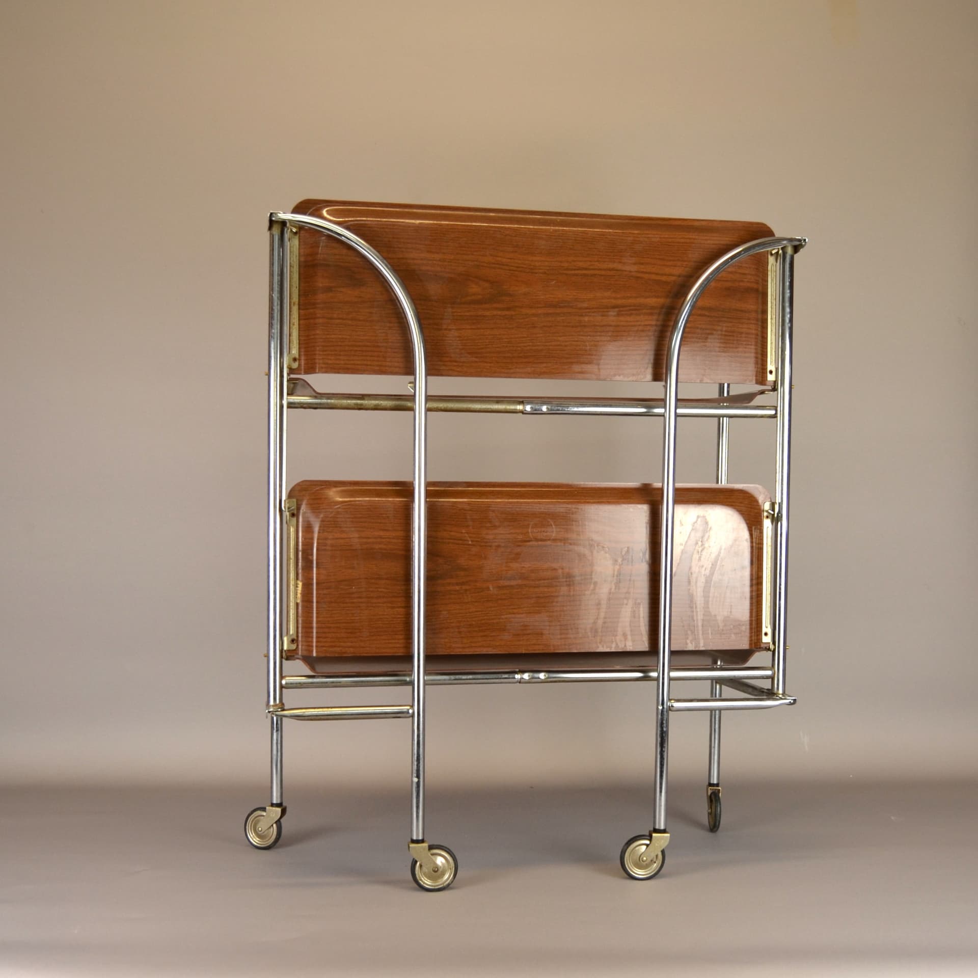 Bar Cart Space Age, brown wood, chrome steel, Germany, 1970s - 79246