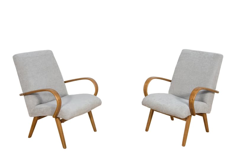 Para foteli Model 53, tapicerka szara, buk, proj. J. Šmidek, TON, Czechosłowacja, lata 60.