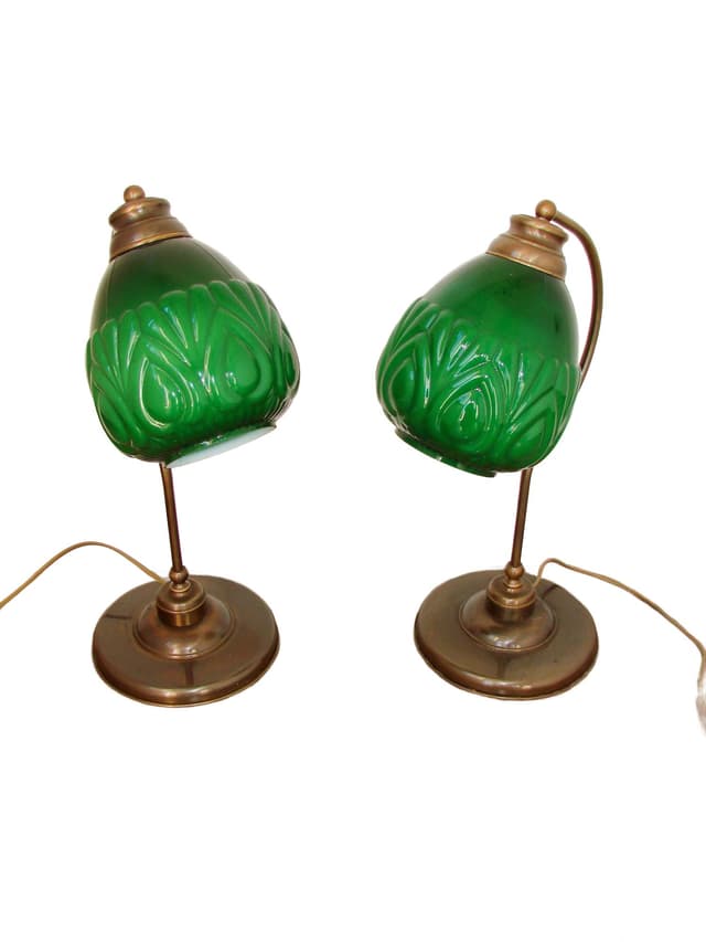 Para lamp stołowych modern, szkło zielone, mosiądz, lata 80. - WYMIARY