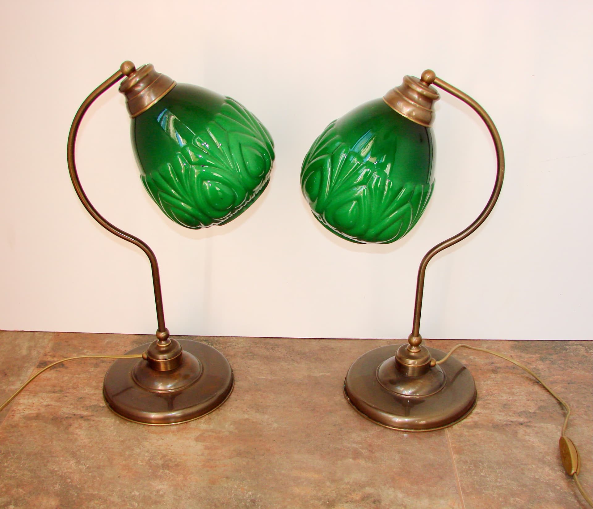 Para lamp stołowych modern, szkło zielone, mosiądz, lata 80. - 288082