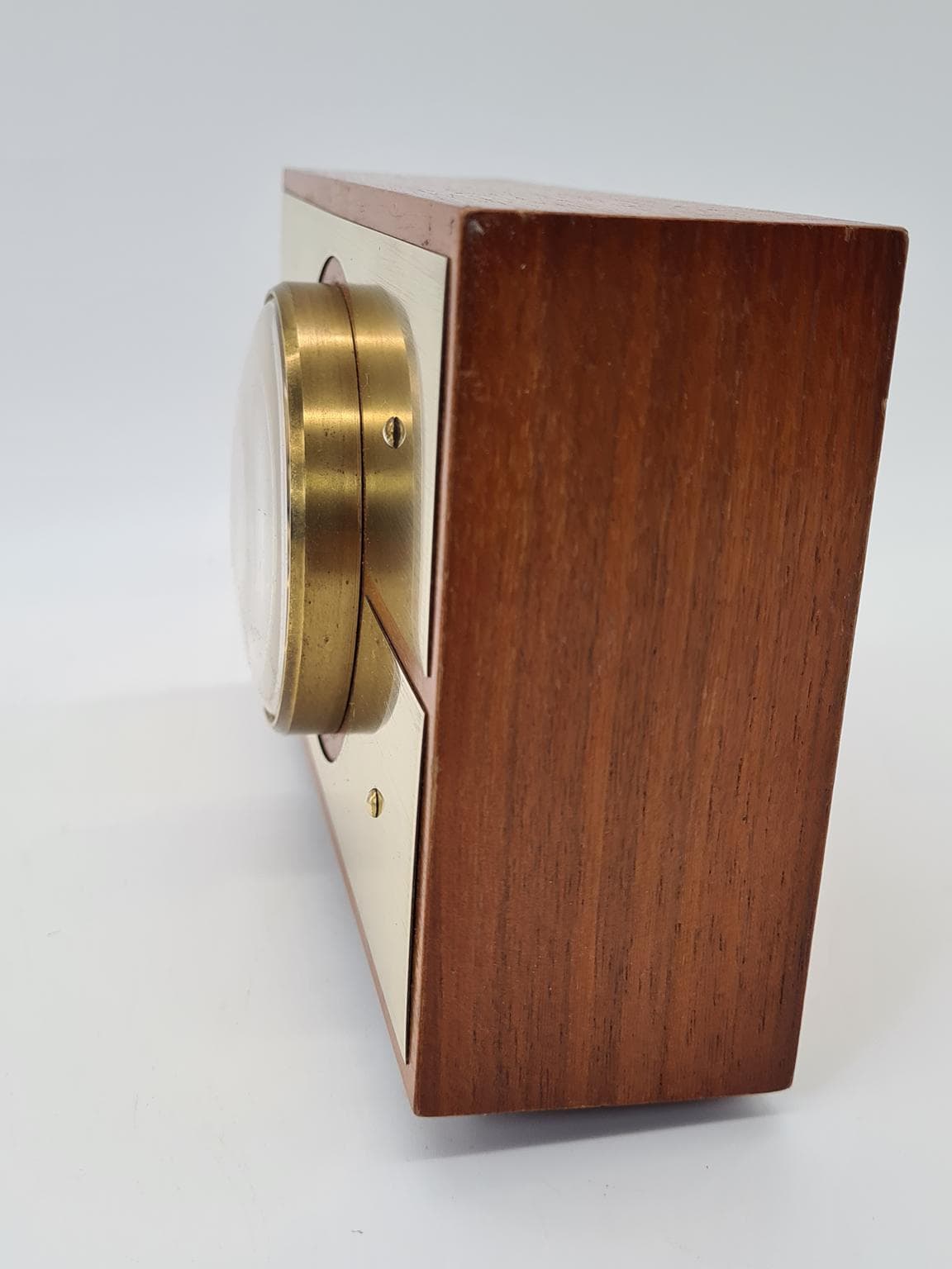 Zegar stołowy Weimar Quartz, drewno mosiądz szkło złoty, Weimar, Niemcy, lata 70. - 288167