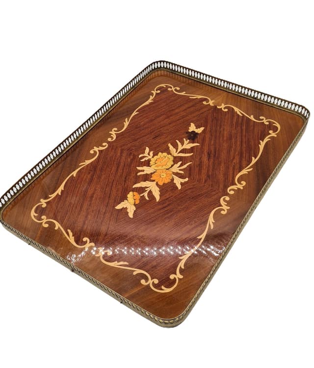 Taca neoklasycystyczna, multikolor, drewno intarsjowane, mosiądz, lata 70. - WYMIARY