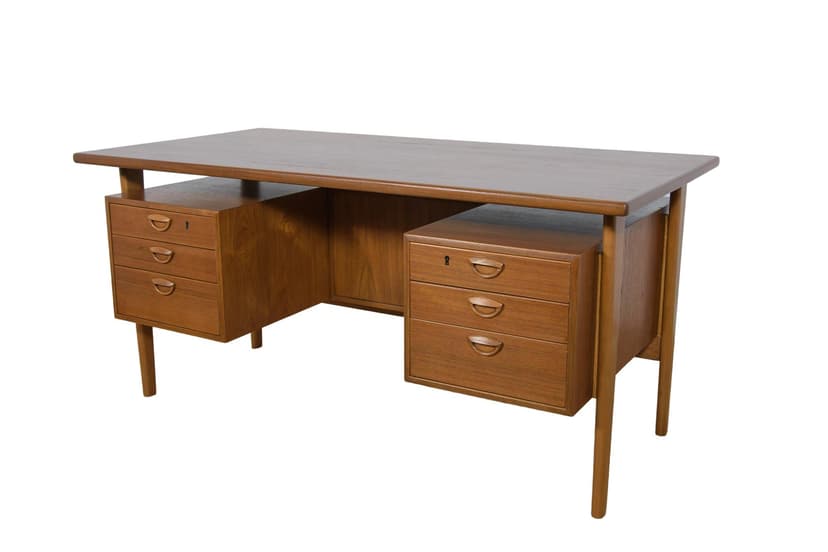 Desk, brown teak, by K. Kristiansen, Feldballes Møbelfabrik, Denmark, 1960s.
