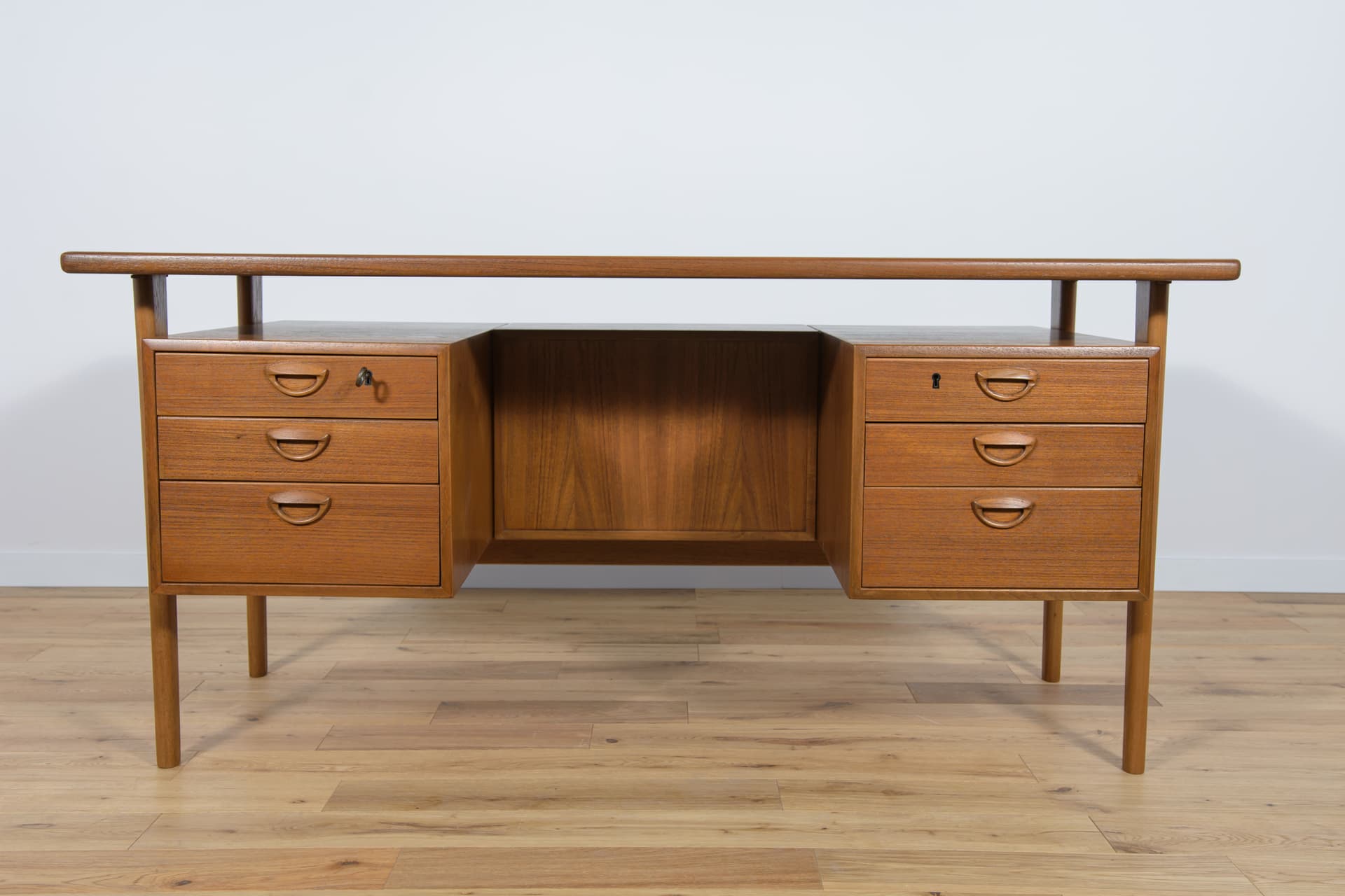 Desk, brown teak, by K. Kristiansen, Feldballes Møbelfabrik, Denmark, 1960s. - 288873