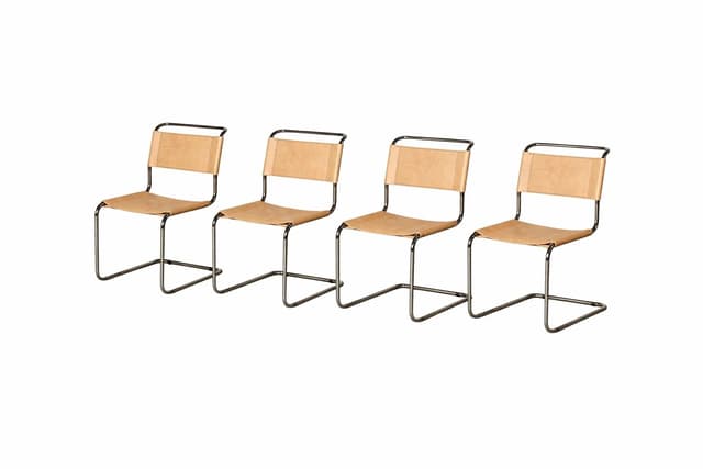 Zestaw 4 krzeseł z giętej stali wg proj. S33, M. Stam, miodowe, skóra naturalna - WYMIARY