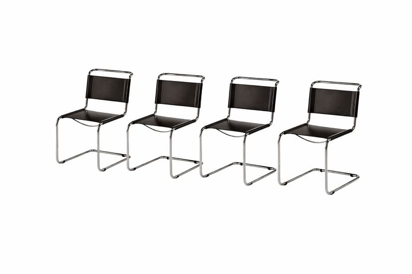 Zestaw 4 krzeseł z giętej stali wg proj. S33, M. Stam, czarne, skóra naturalna