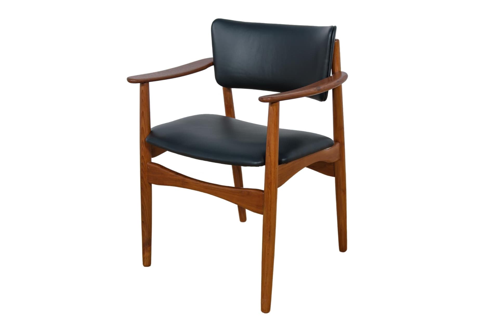 Fotel biurowy, teak brązowy, skóra naturalna czarna, Dania, lata 60.