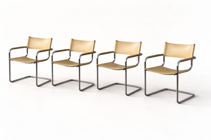 Zestaw 4 foteli z giętej stali wg proj. S34, M. Stam, miodowy, skóra naturalna