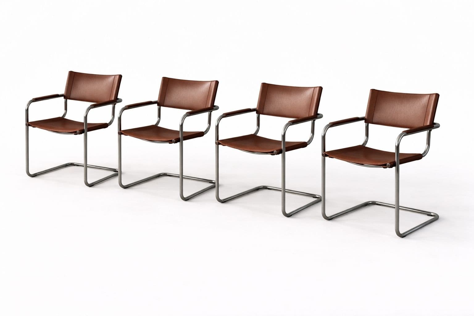 Zestaw 4 fotli z giętej stali wg proj. S34, M. Stam, bordowy, skóra naturalna